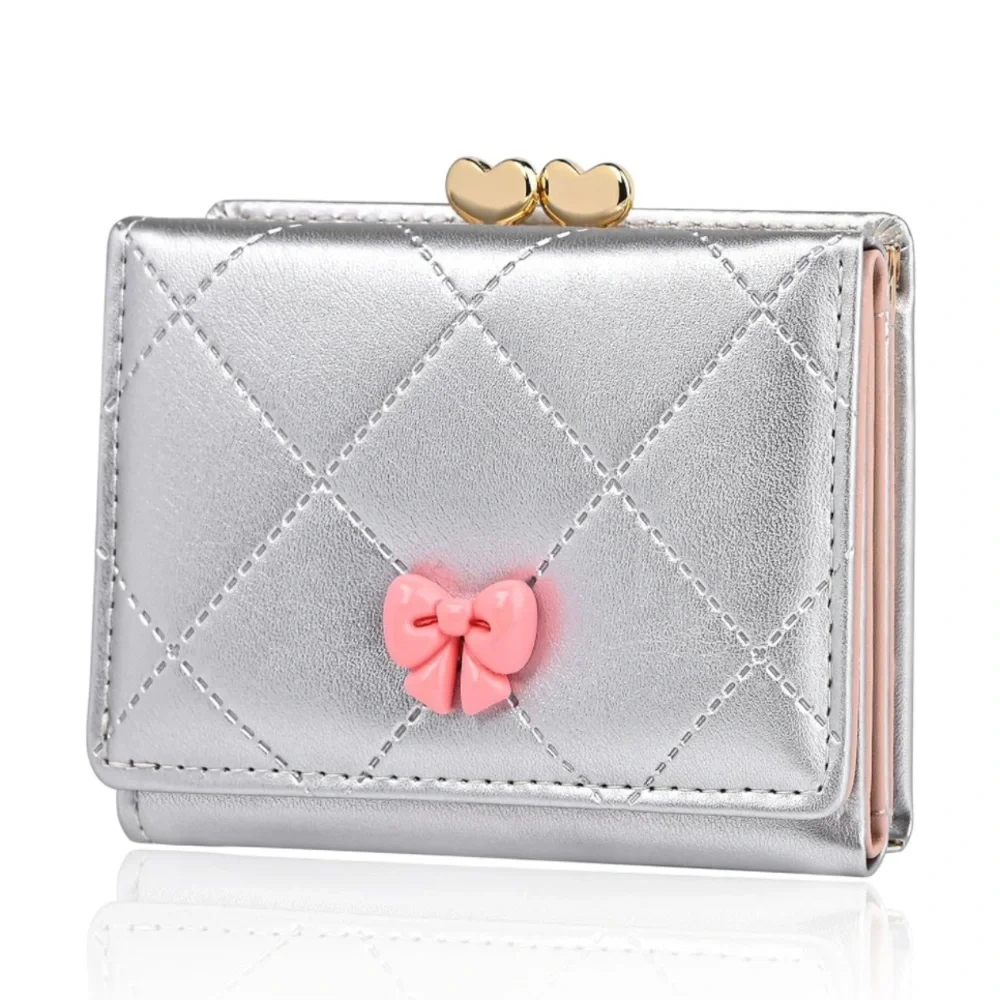 🎀NEW Quilted Silver Bow Detail Heart Kiss Lock Trifold Compact Wallet - Picture 3 of 8